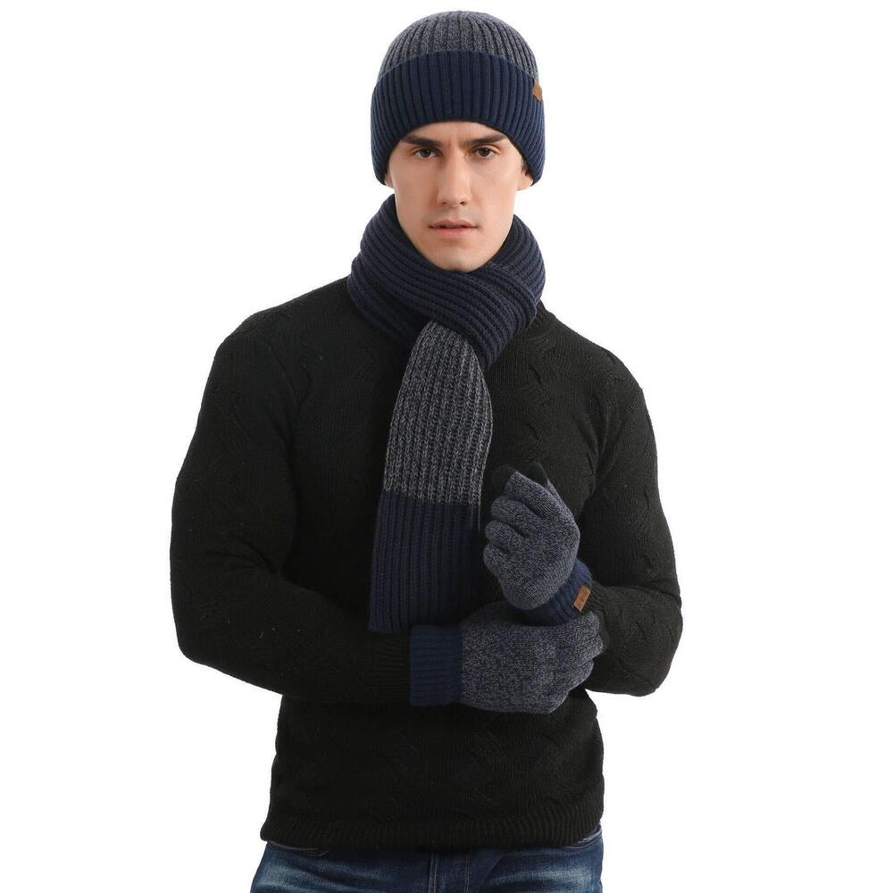 4620 Beanie Scarf Gloves Set Knit Winter Fleece Lining Thick Hat Grey Blue
